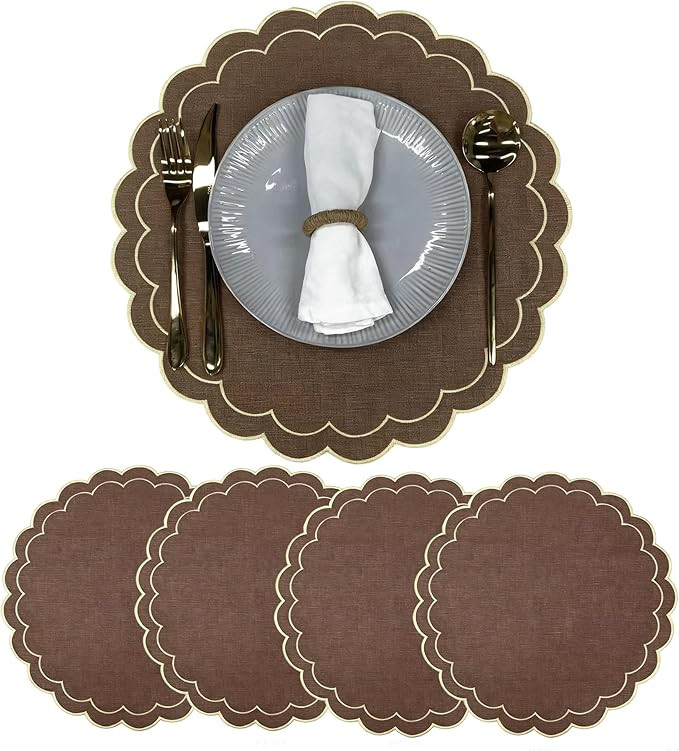 Linen Cotton Placemats Set of 4 Scalloped Flower Embroidery Place Mats 15'' Natural Linen Texture... | Amazon (US)