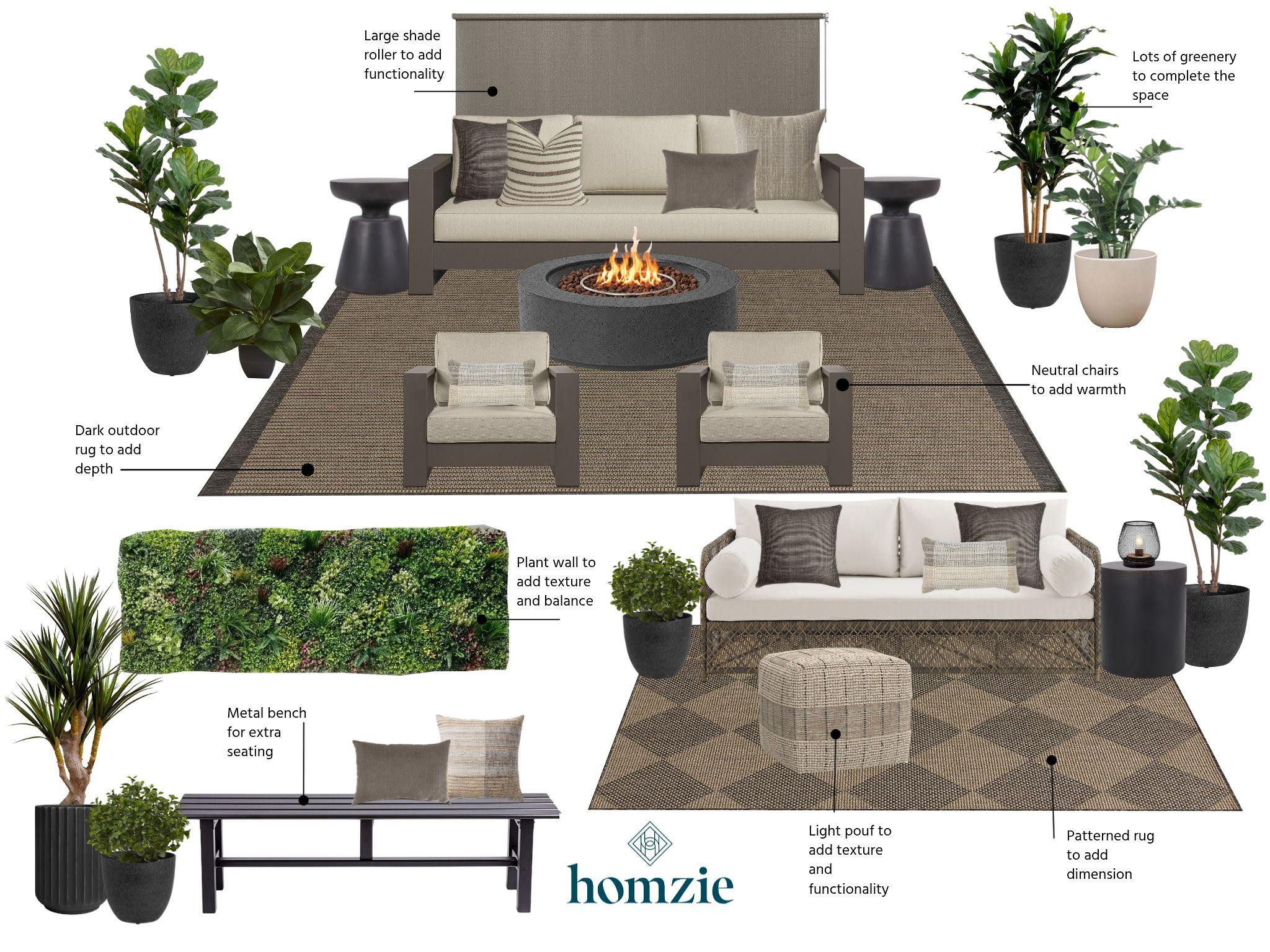 This outdoor oasis is designed for relaxing and entertaining with multiple seating areas, a warm neutral palette of creams, beiges, and browns, and pops of black and lush greenery. Low-maintenance faux plants keep the space looking fresh year-round, while a fire table creates the perfect ambiance for evenings outside. A large shade roller adds comfort and functionality, making this patio a place you'll enjoy from morning coffee to sunset gatherings.

#LTKHome #OutdoorLiving #PatioDesign #OutdoorOasis #BackyardInspiration #HomeDecor #OutdoorDecor #NeutralStyle #LTKCreator 

 