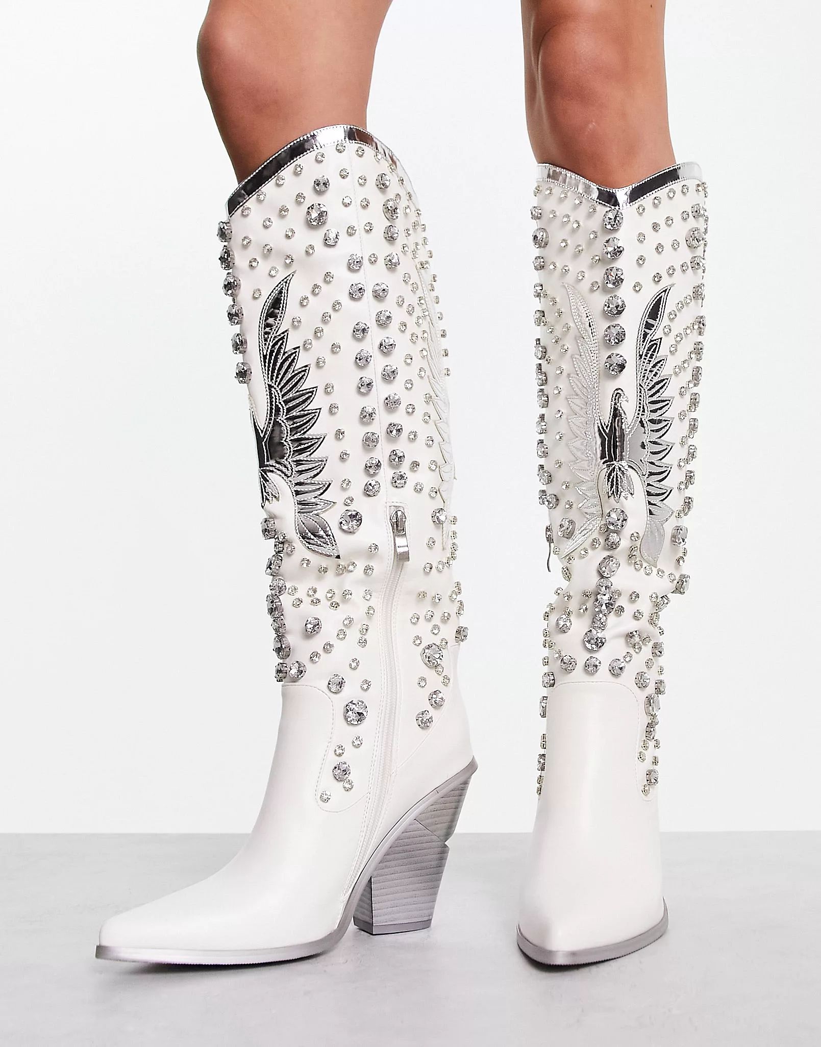 Azalea Wang Upbeat embellished western knee boot in white | ASOS (Global)