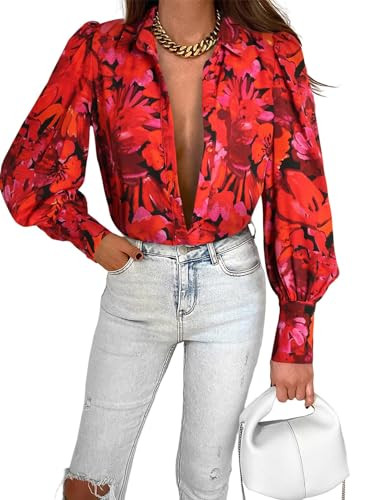 Zeagoo Womens Shirts Long Lartern Sleeve Flower Print Blouse for Woman Button Down Top 2024 Fashion | Amazon (US)