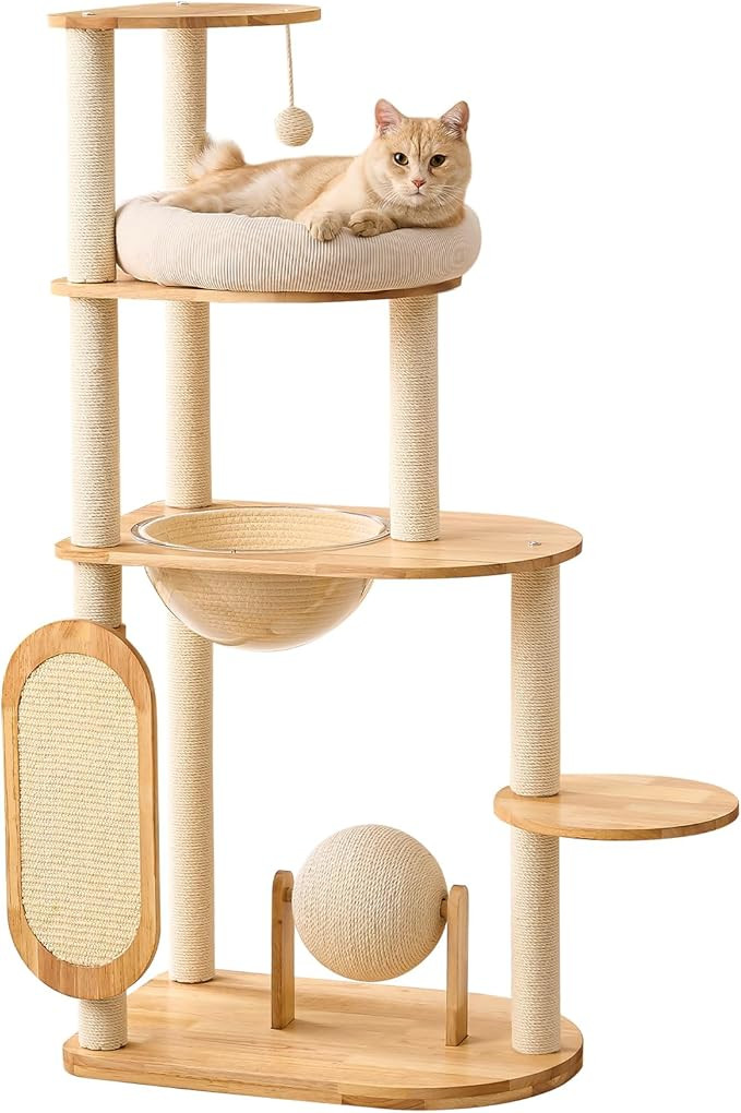 Modern Cat Tree with Scratching Post, Solid Rubber Wood Cat Tree Tower for Indoor Cats with Cotto... | Amazon (US)