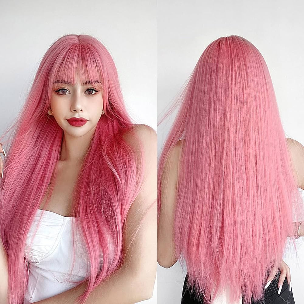 7JHH WIGS Light Pink Wig With Bang Straight Wig For Women Synthetic Neon Pink Wig Colorful Cospla... | Amazon (US)