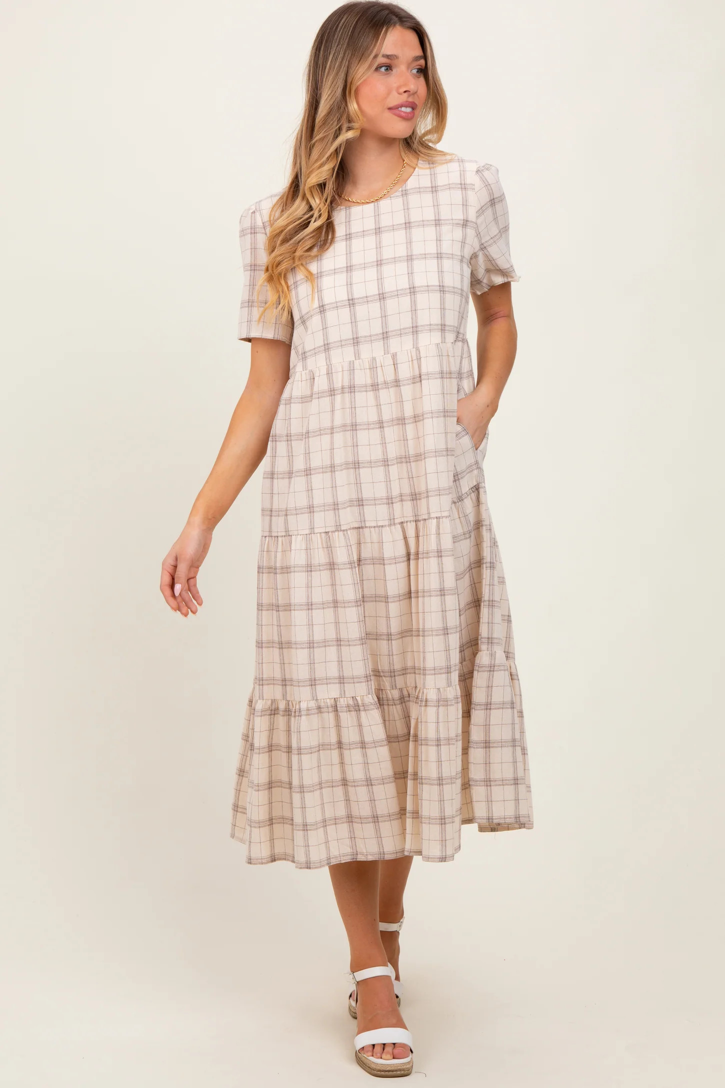 Ivory Plaid Tiered Short Sleeve Dress | PinkBlush Maternity