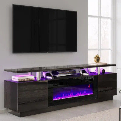 Bhhatu 2 Tier High Gloss TV Stand with Electric Fireplace Included | Wayfair North America