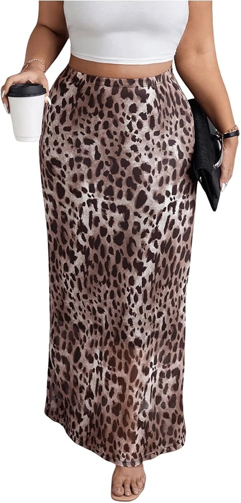Floerns Women's Plus Size Leopard Mesh Long Skirt Slit Hem Vintage Summer Skirt | Amazon (US)