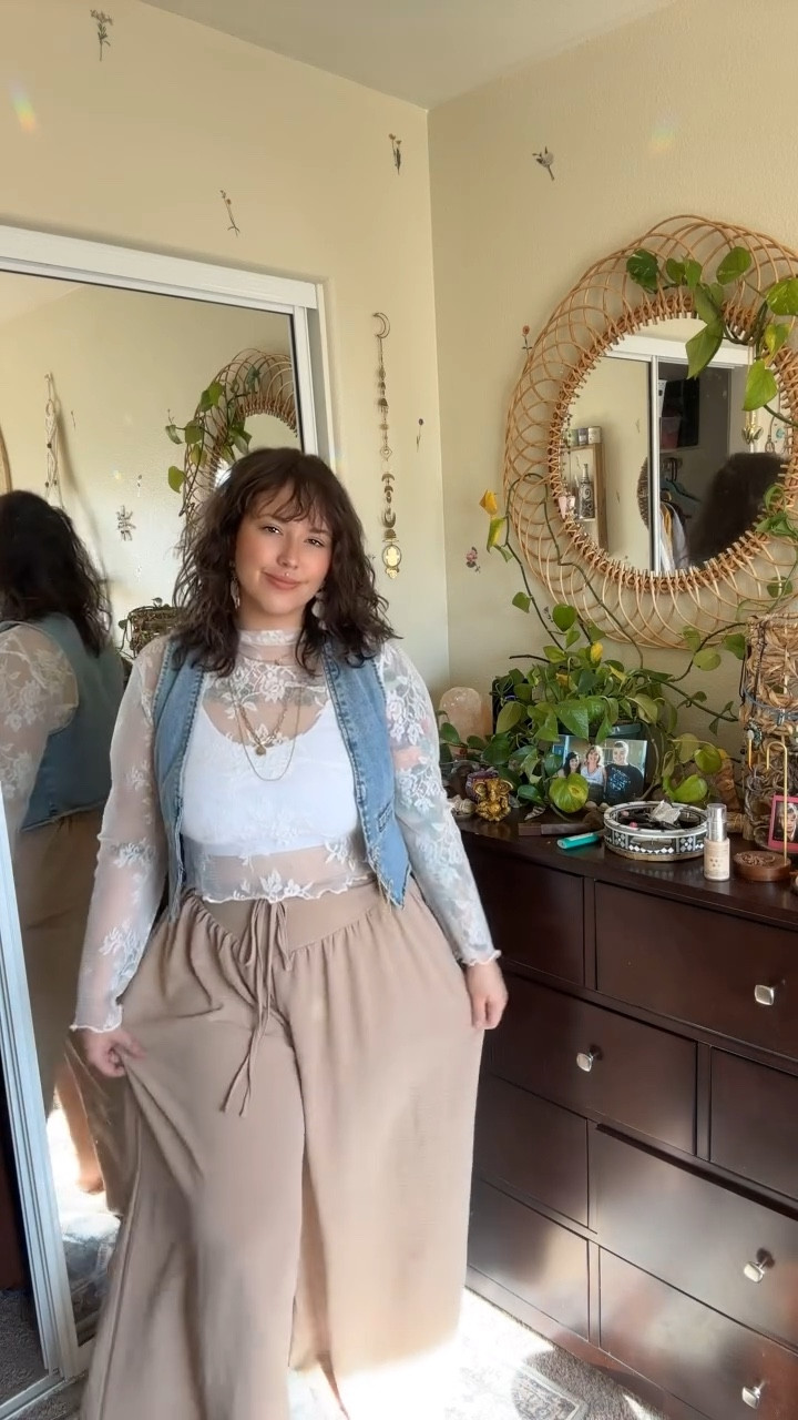 OOTD Recipe: Your Daily Dose of WEARING WHATEVER THE FK YOU WANT 

What you’ll need: 

	•	White Bralette (Amazon): Simple, comfy, and a little support

	•	White Lace Long Sleeve Top (Amazon): Soft and sweet, but still a little spicy

	•	Tan/Beige Palazzo Pants (Amazon similar): Like wearing clouds but make it fashion

	•	Jean Cardigan (Amazon): Snipped the ties because there are no rules 

	•	Gold Necklace Stack (Thrifted): A sprinkle of sparkle for good measure 

✨ Bonus magic: Mary Ruth’s Liquid Multi + Hair Growth in Peach Mango—because a NYE revival was extra appreciated this morning (not sponsored, just obsessed).

Cute, comfy, and here to brighten the day—just like you 💕

Check my LTK for links or comment LINKS and I’ll DM them to you 🫶

**This audio though**

#OOTD #SweetAndSassy #FeelGoodFits #clothes #style #fashion #fashionblog #styletips #boho #hippie #midsize #curvy #loveyourself #plussize #hopecore #yourebeautiful #lovinglife #dressforyou #femalegaze #confidence #wardrobe