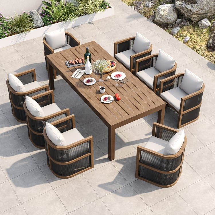 9 Pieces Outdoor Dining Set For 8 with Rectangle Table & Rope Woven Armchair in Natural | Homary | Homary