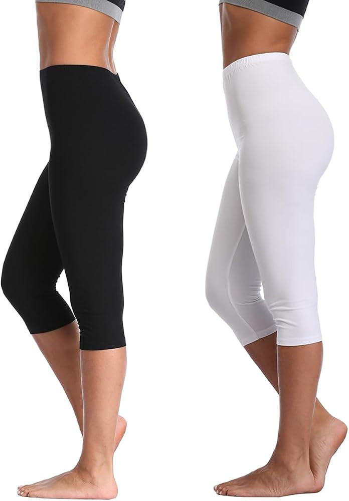 2 Pack High Waisted Yoga Capris for Women Stretchy Workout Cropped Leggings | Amazon (US)
