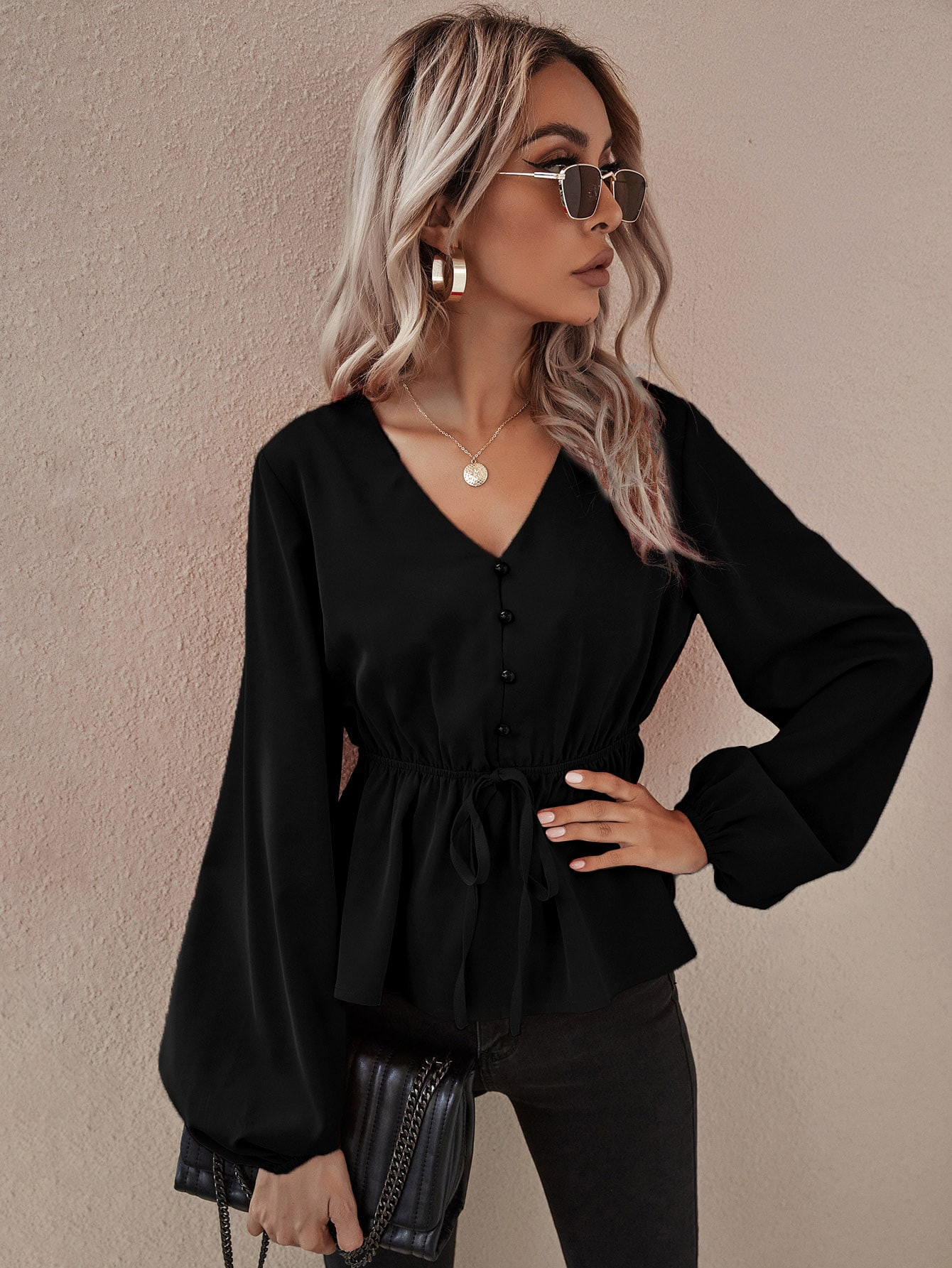 Knot Front Lantern Sleeve Babydoll Blouse | SHEIN