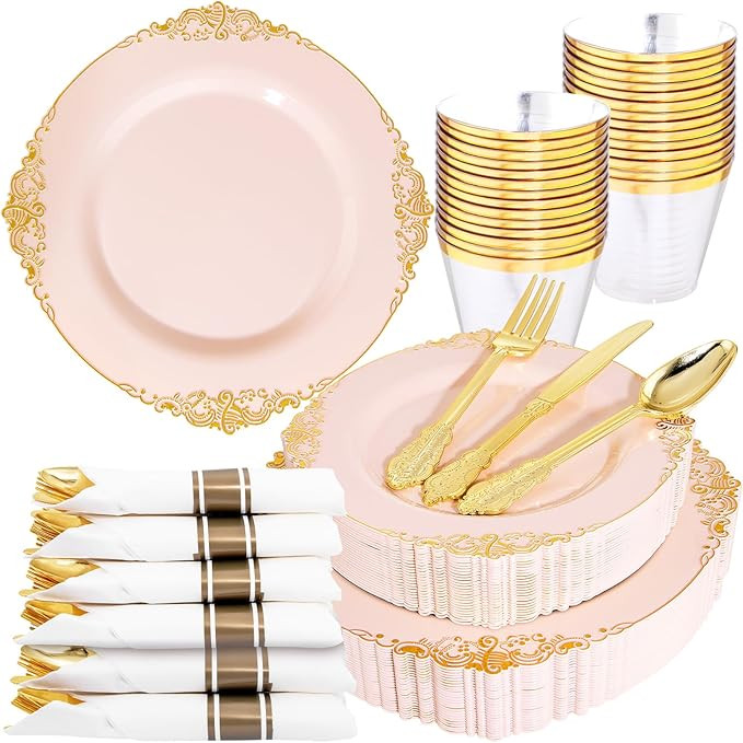 Nervure 175PCS Pink Plastic Plates - Disposable Pink Gold Party Plates & Pre Rolled Napkins with ... | Amazon (US)
