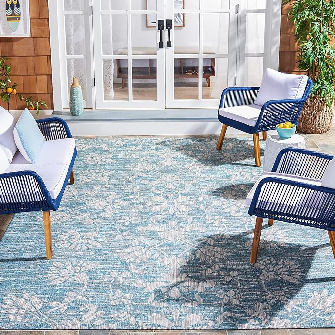 SAFAVIEH Courtyard Collection 8' x 11' Aqua/Grey CY8064 Indoor/ Outdoor Patio Backyard Mudroom Ar... | Amazon (US)