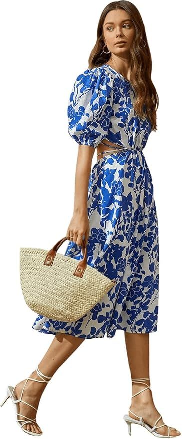 SweatyRocks Women's Boho Floral Puff Sleeve Cut Out Dress Tie Back A Line Midi Dresses | Amazon (US)