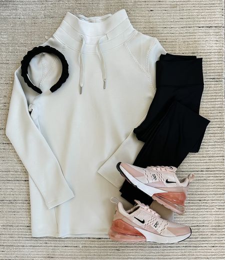 Athleisure wear that is great for lounging and workout out! Funnel neck pullover paired with leggings and sneakers. Get 10% off sweatshirt with code HKCUNGXSPANX! 

#LTKstyletip #LTKfit