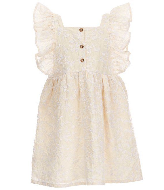 Little Girl's 2T-6X Square Neck Flutter Sleeve Button Front Floral Embroidered Woven Dress | Dillards