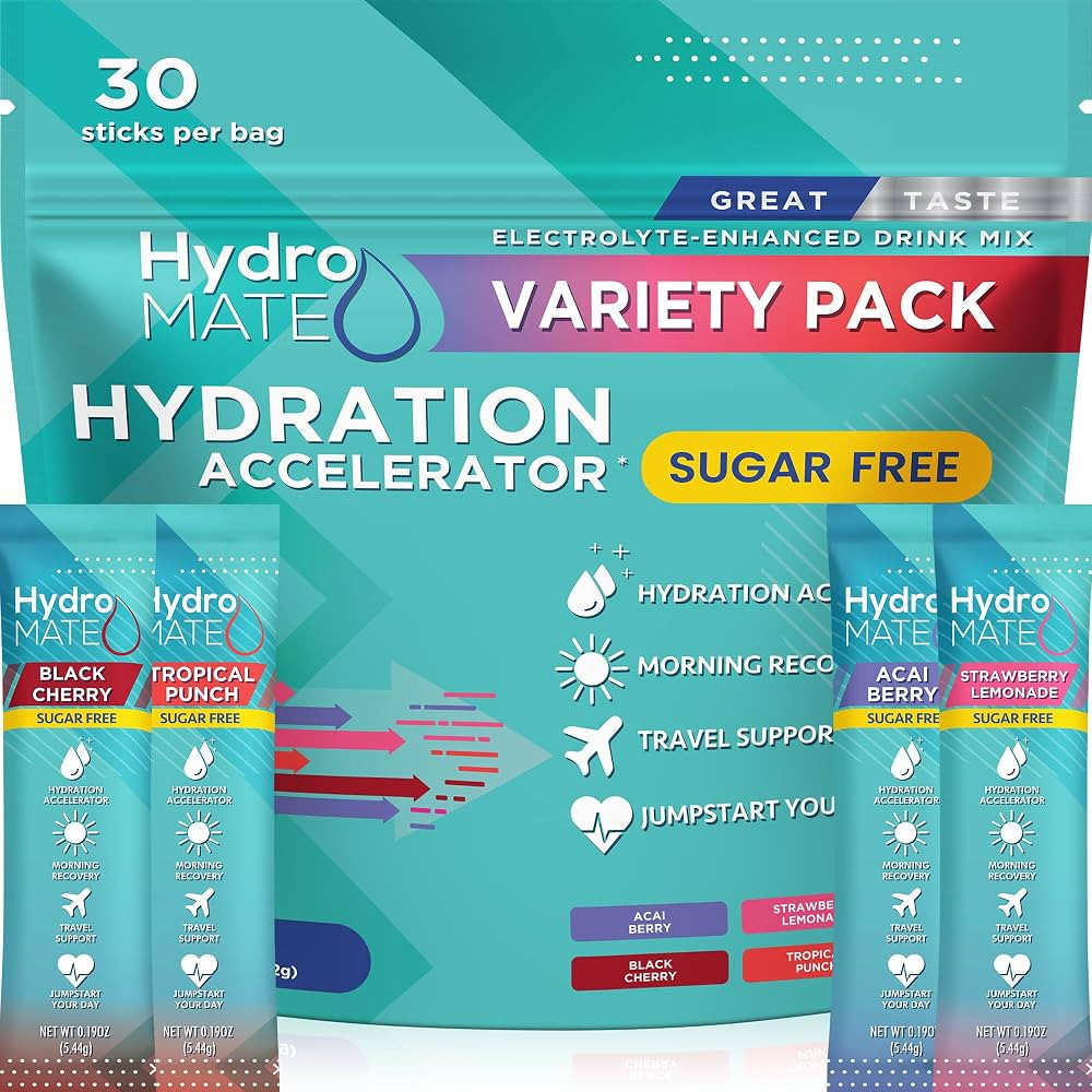 Electrolyte Powder Sugar-Free Hydration Packets Variety Pack HydroMATE 30 Sticks | Amazon (US)