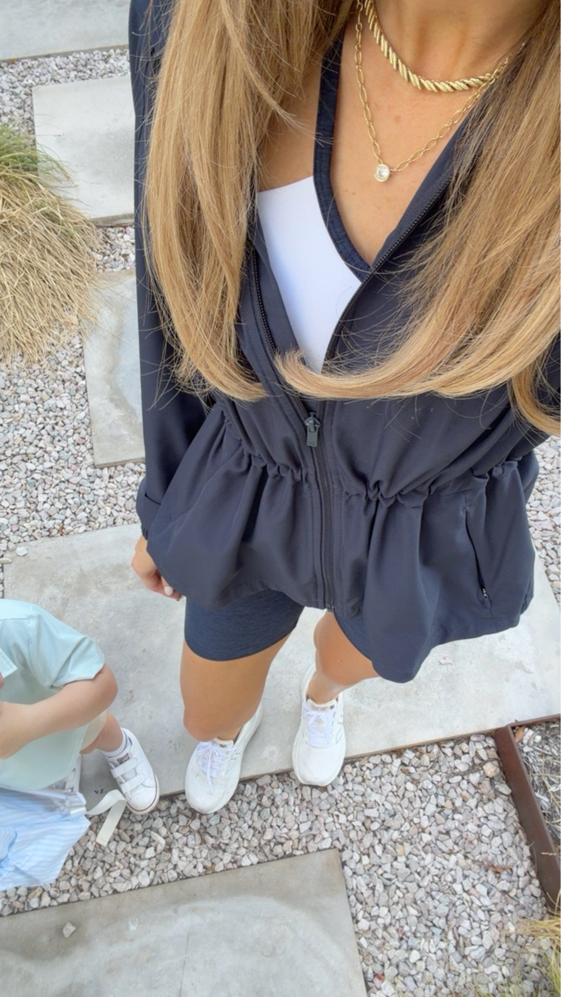Wearing XS in jacket 
S in workout set