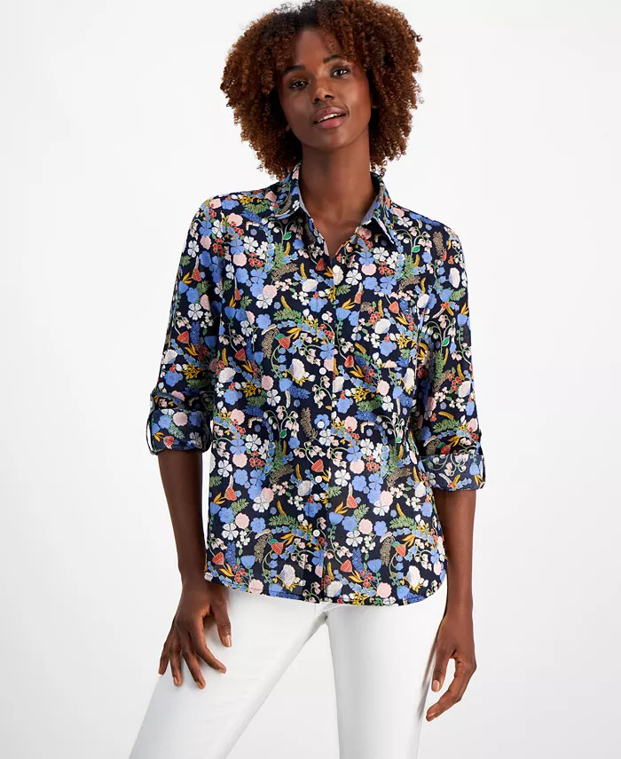 Women's Cotton Floral-Print Roll-Tab Shirt | Macy's