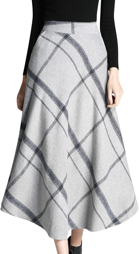 Tanming Women's Winter Warm Elastic Waist Wool Plaid A-Line Pleated Long Skirt | Amazon (US)