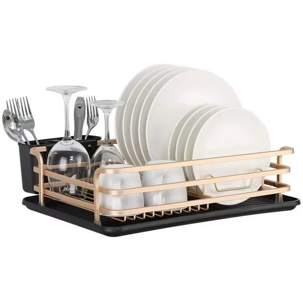 Aluminum Dish Drying Rack, Compact Dish Rack with Cutlery Holder, Removable Drainer Tray, Rose Go... | Walmart (US)