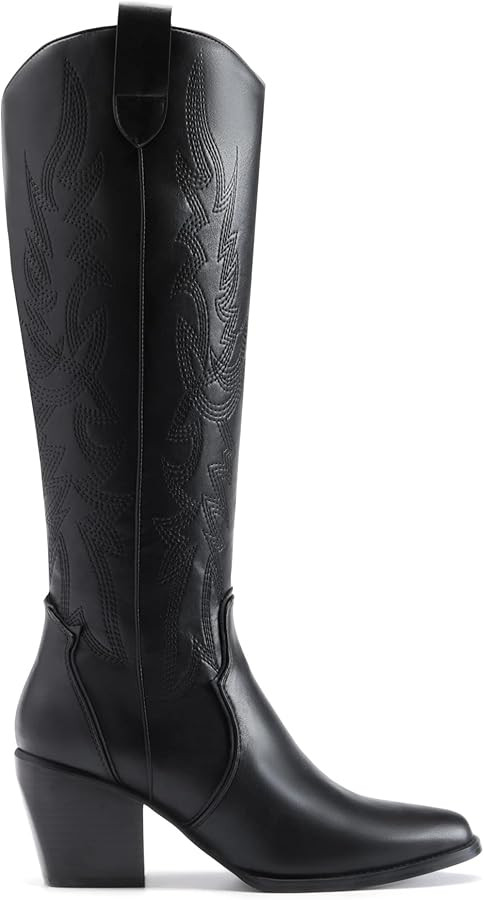 DREAM PAIRS Womens Cowboy Boots Wide Calf Comfortable Pull On Zipper Chunky Heel Pointed Toe Embr... | Amazon (US)