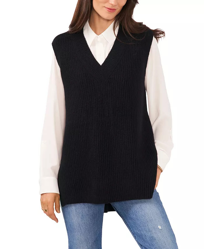 Women's Shaker Vest V-Neck with High Low Hem Sweater | Macy's