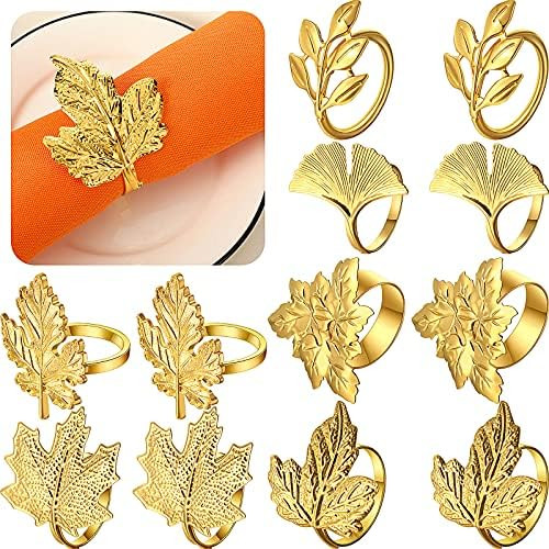 CHENGU 12 Pieces Thanksgiving Leaf Napkin Rings Fall Leaves Gold Napkin Ring Vintage Napkin Ring Hol | Amazon (US)