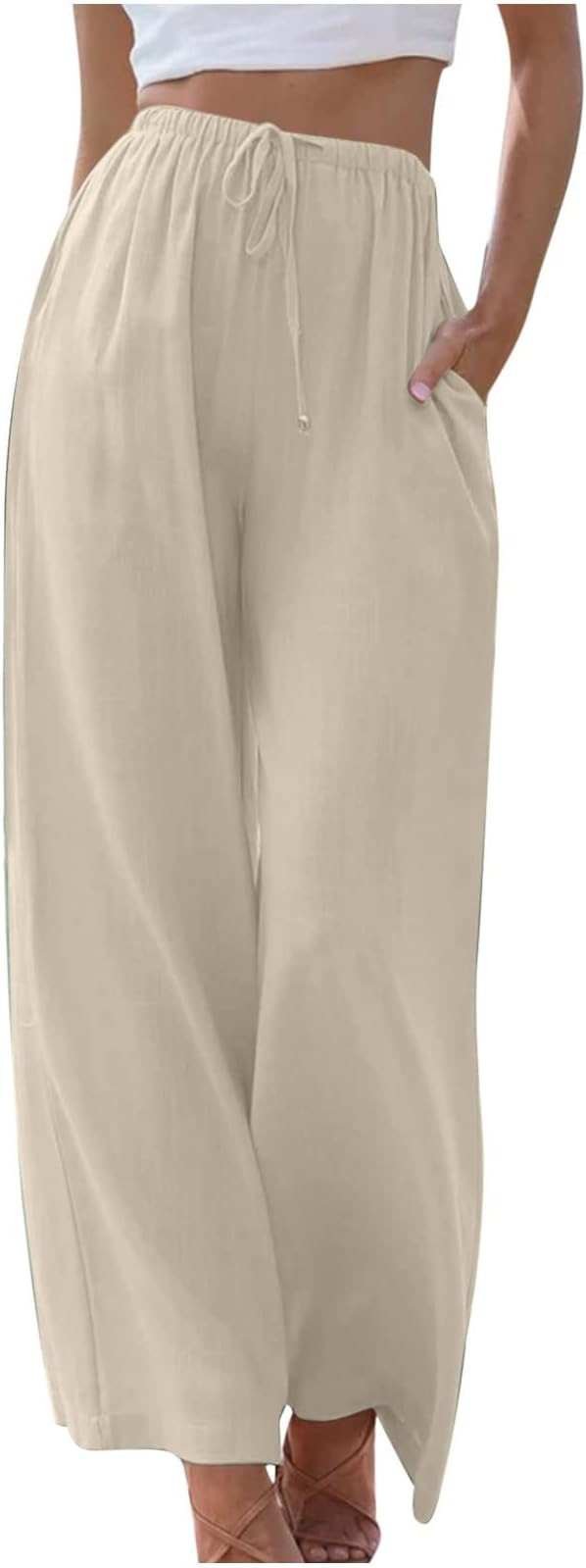 Linen Pants for Women Summer Drawstring High Waist with Pockets Cotton Linen Palazzo Pants Beach ... | Amazon (US)