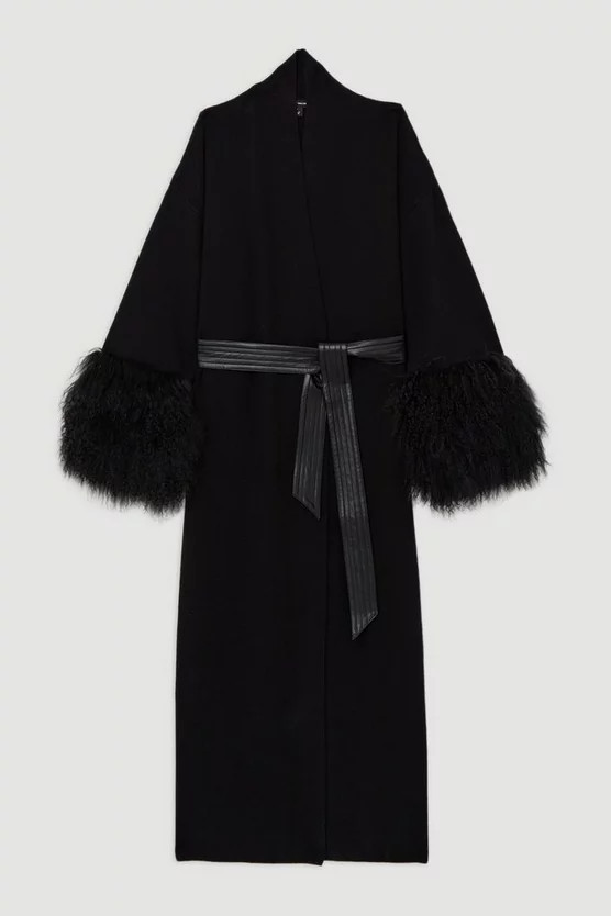 Viscose Blend Compact Knit Shealing Cuff Belted Coatigan | Karen Millen UK + IE + DE + NL