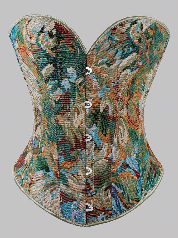 Women's Plus Size Vintage Court Floral Pattern Corset Top With Laces & Plastic Bones, Oil Painting Style Half Bustier,Christmas | SHEIN