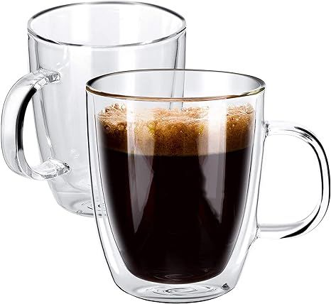 Double Wall Glass Coffee mugs, (Set of 2) 12 Ounces-Clear Glass Coffee Cups with Handle,Insulated... | Amazon (US)
