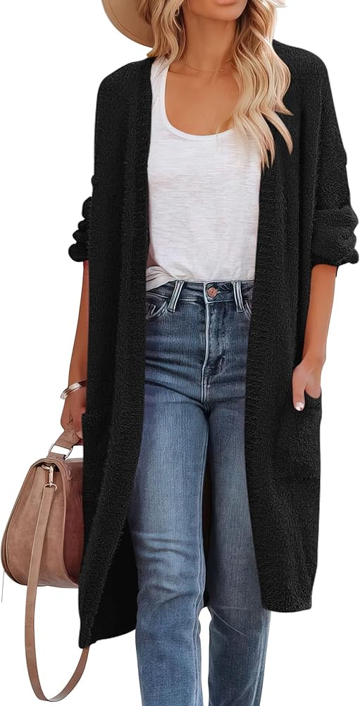 ANRABESS Women's Casual Long Sleeve Open Front Fuzzy Knit Cardigans Plush Sweater Coat with Pockets | Amazon (US)