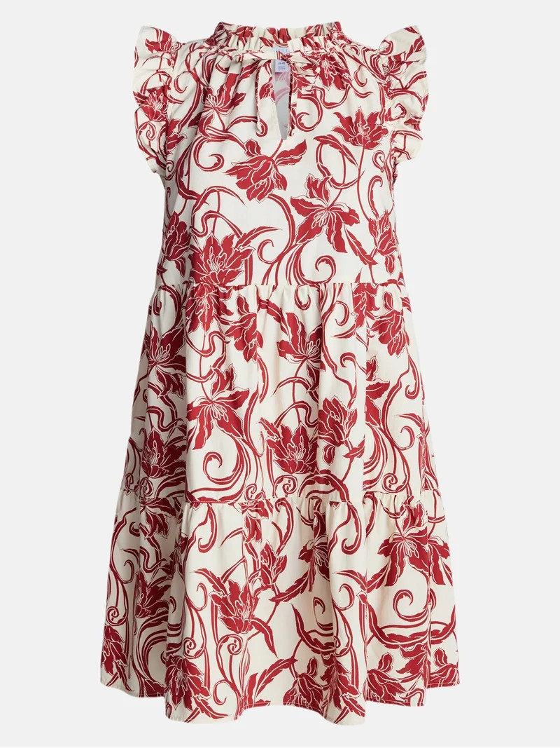 Time and Tru Women's and Women's Plus Tiered Cotton Mini Dress with Flutter Sleeves, Sizes XS-4X | Walmart (US)