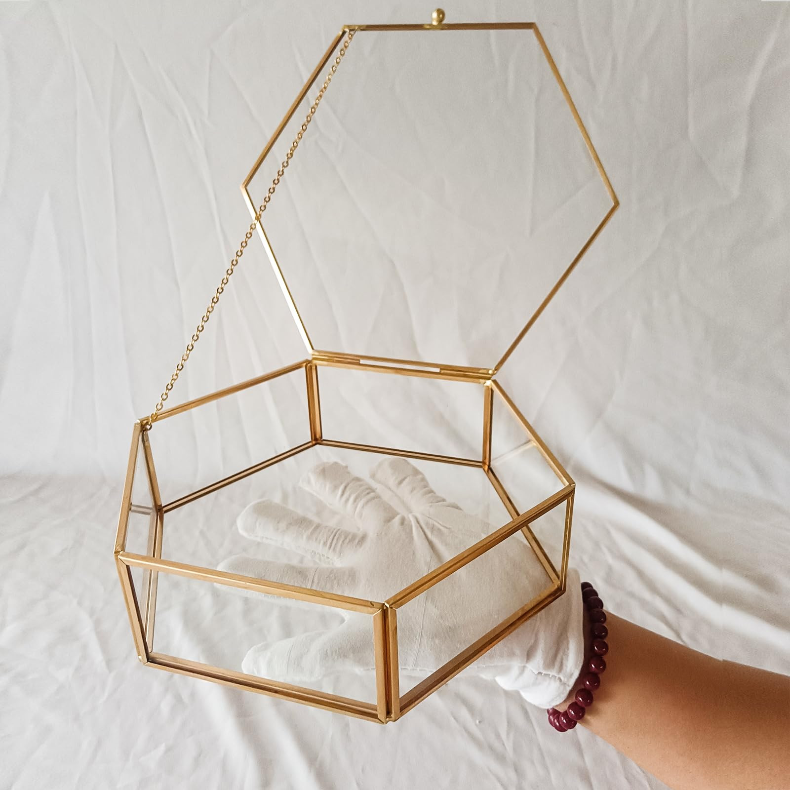 HighFree Glass Vintage Jewelry Display Box, Hexagon Golden Elegant Display Jewelry Organizer, Dustproof Keepsake Case Bracelet Ring Box for Storage Trinket, Ring, Earring (Large - 8.7x7.5x2.4inch) | Amazon (US)