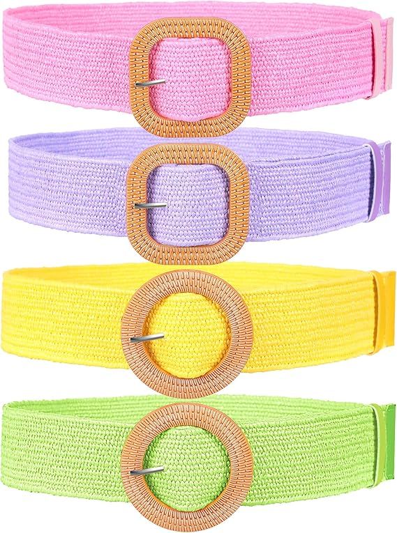 4 Pack Straw Woven Belt Elastic Stretch Rattan Waist Belt Women Skinny Raffia Dress Belt Wooden B... | Amazon (US)