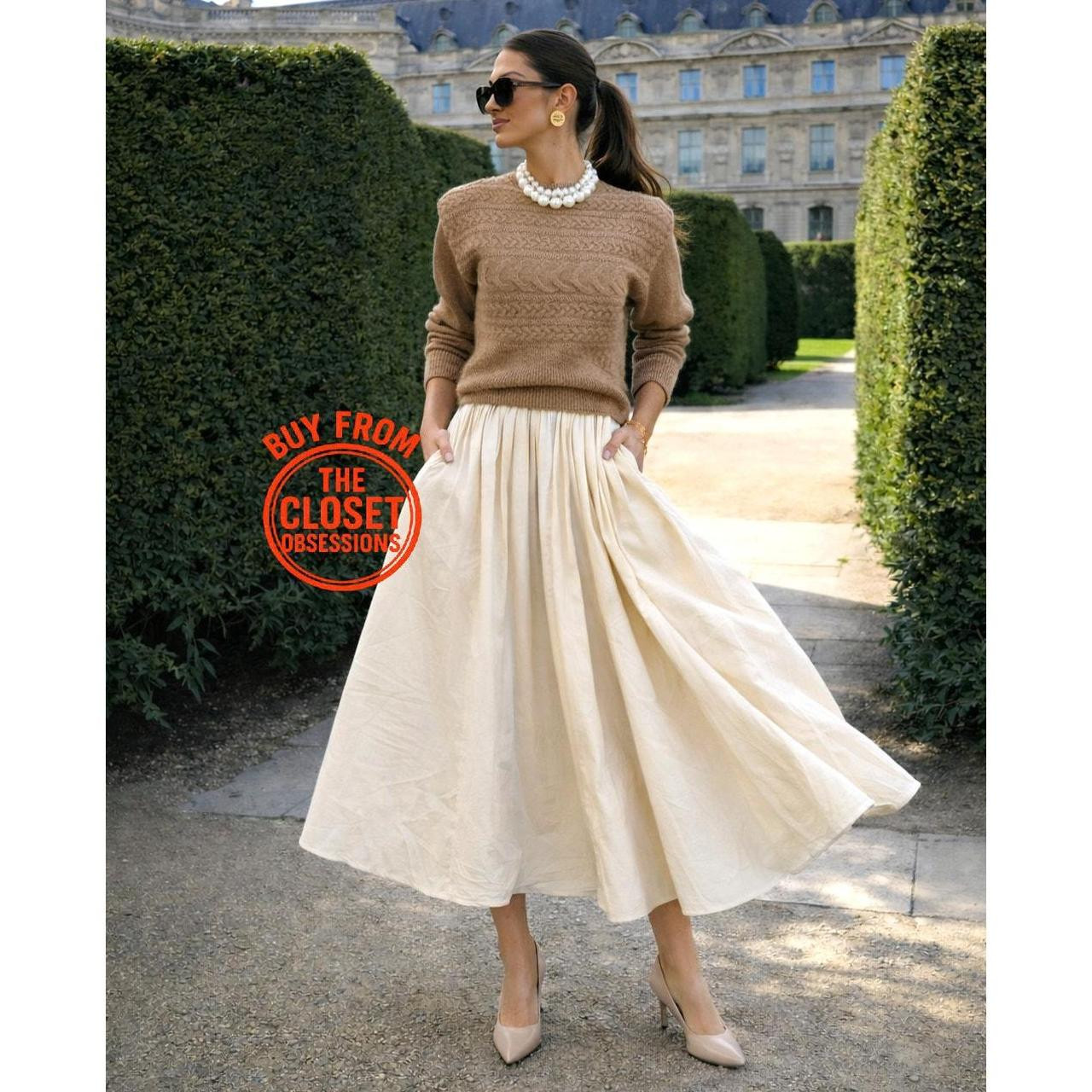 Zara Women's Midi Skirt - Cream - M | Depop US