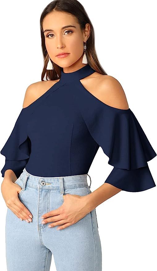 Romwe Women's Cute Cold Shoulder Ruffle Half Sleeve Slim Fit Blouse Tops | Amazon (US)