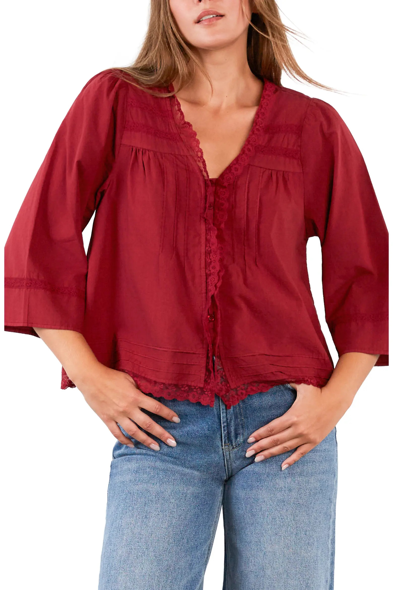 Billy T Fable Floral Lace Trim Cotton Blend Button-Up Shirt (Women) | Nordstrom | Nordstrom