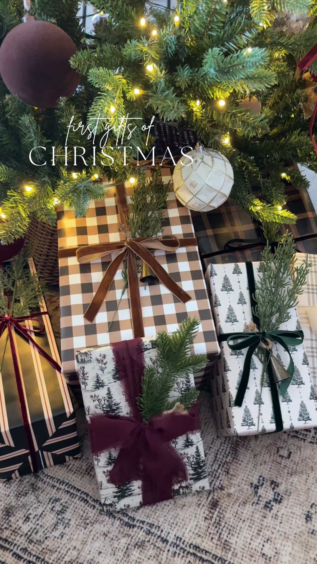 First gifts of Christmas all wrapped up and under the tree 🎄 Plaid, gingham, stripes, trees, and the cutest little village papers—mixing all my favorite patterns while keeping everything cozy, neutral, and aesthetic. Soft ribbons, greenery picks, and tiny brass bells make each one feel extra special ✨

#LTKHoliday #LTKHome #LTKFindsUnder50