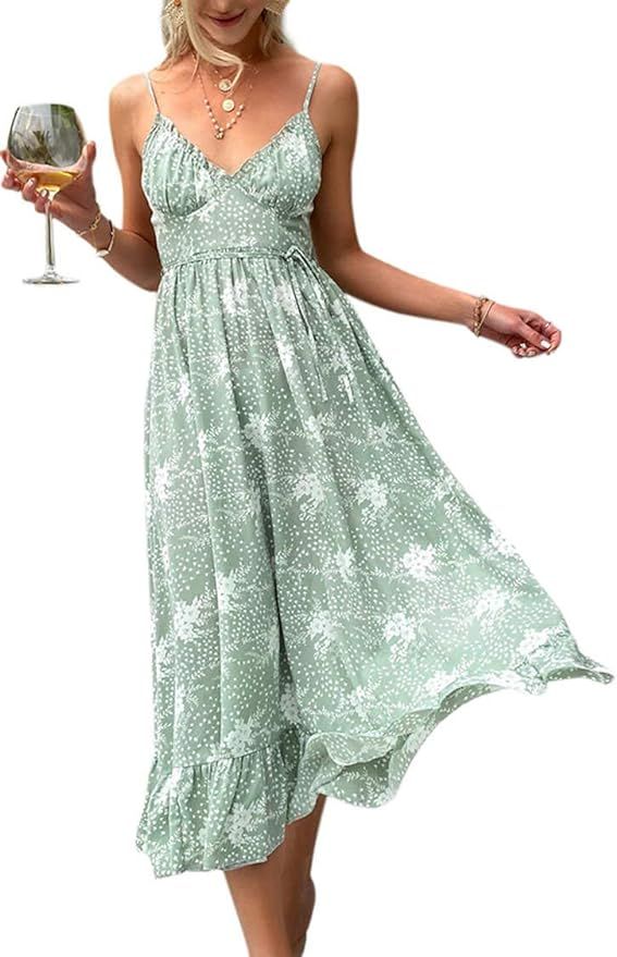 GRACEVINES Women’s Summer Floral Smocked Tie Front Strappy Sundress a Line Ruffle Swing Midi Dr... | Amazon (US)