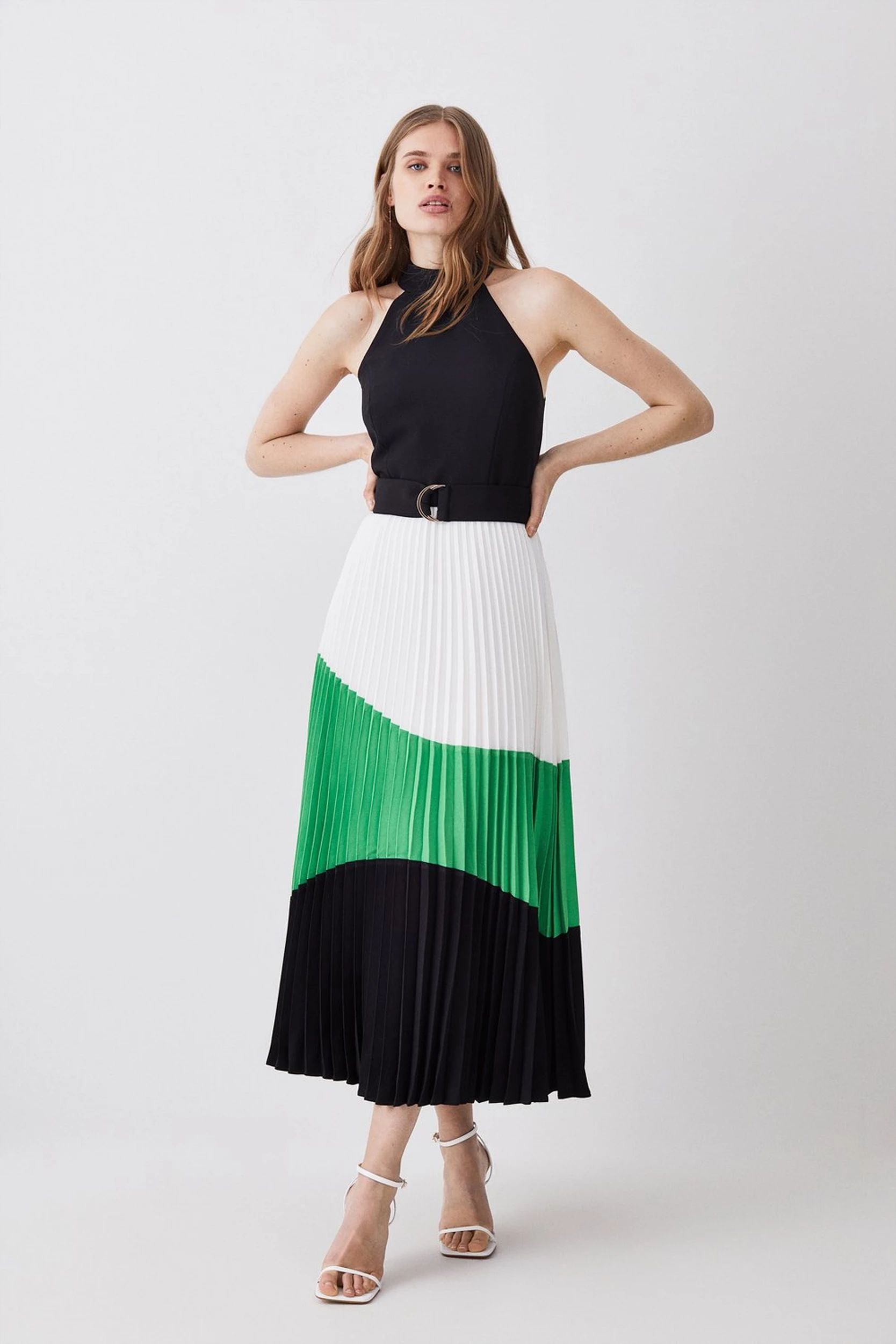 Colour Block Pleated Halter Neck Woven Midi Dress | Karen Millen US