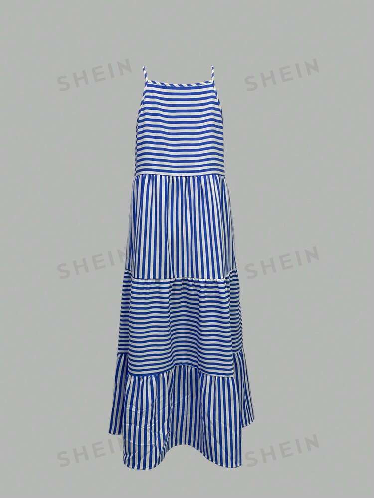 SHEIN LUNE Casual Striped And Printed Patchwork Long Slip Dress For Holiday | SHEIN