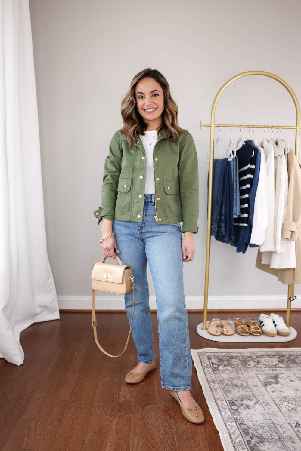 Spring Casual Capsule Wardrobe Series: Straight Jeans  

Sizing: 
White tank (Quince): xs 
Olive jacket (J.Crew Factory): petite xxs 
Straight jeans (Madewell): petite 24 rondel wash 
Flats (J.Crew): tts 

My measurements for reference: 4’10” 105lbs bust, waist, hips 32”, 24”, 35” size 5 shoe. 25” inseam measurement to my ankle bone. 

#LTKPetite