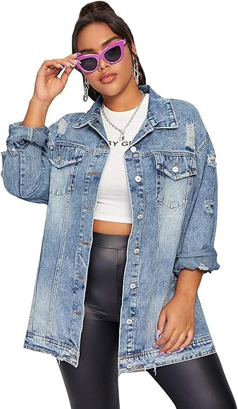 Floerns Women's Plus Size Ripped Distressed Long Sleeve Denim Jacket | Amazon (US)