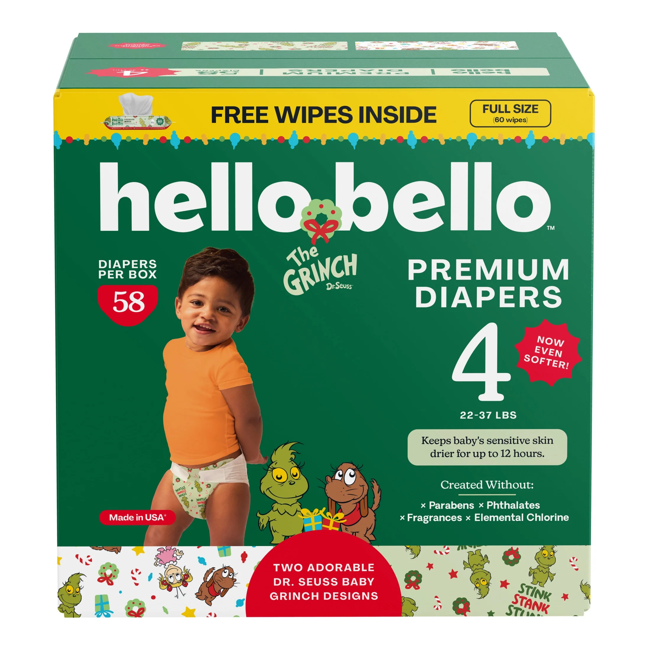 Hello Bello Premium Baby Grinch Diapers Club Box with Bonus Wipes - Size 4, 58 Count | Walmart (US)