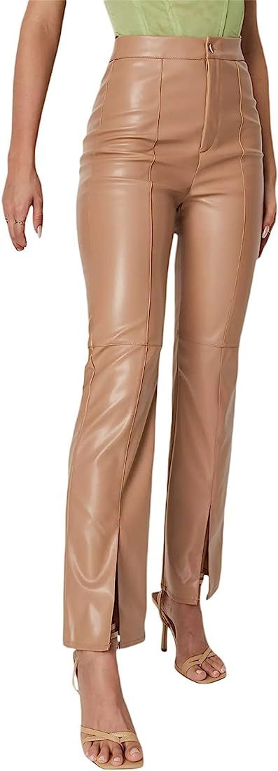 Biivrii Women Faux Leather Leggings Pants High Waist Straight Wide Leg PU Pleather Casual Solid Trou | Amazon (US)