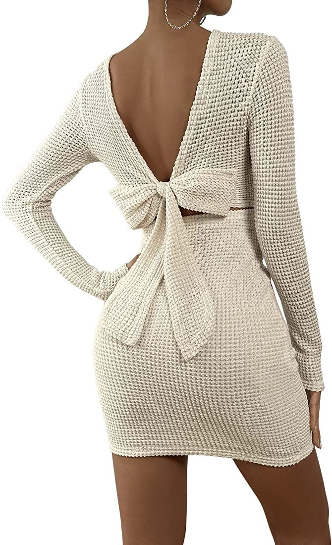 Floerns Women's Solid Long Sleeve Backless Tie Back Bodycon Pencil Dress | Amazon (US)