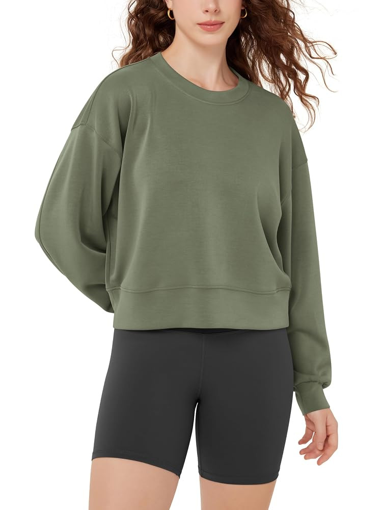 ODODOS Modal Soft Long Sleeve Cropped Sweatshirts for Women Oversized Crew Neck Pullover Crop Top | Amazon (US)
