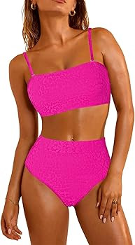 Pink Queen Women 2 Piece Bandeau Swimsuits Strapless Textured Bikini Set High Waisted Bathing Sui... | Amazon (US)