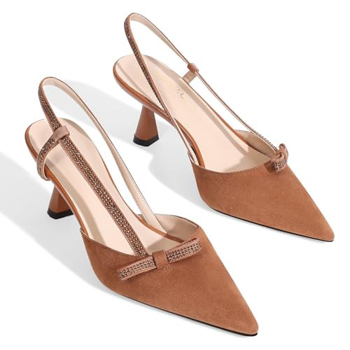 RONILURN Women's Pumps Kitten Heels Closed Toe Rhinestone Slingback Pointed Toe Dress Shoes for Women Low Heel Bow Tie Comfortable Bridal Wedding Prom Brown | Amazon (US)