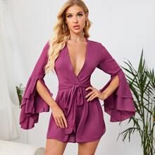 Deep V Neck Exaggerated Ruffle Sleeve Chiffon Romper | SHEIN